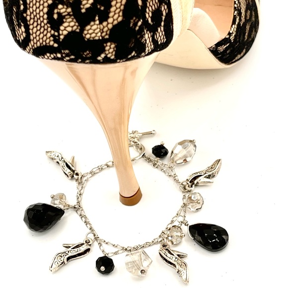 NWT ELEGANT DOUBLE STRAND CHARM BRACELET IN JET BLACK & CLEAR SILVER CRYSTALS - Picture 4 of 9